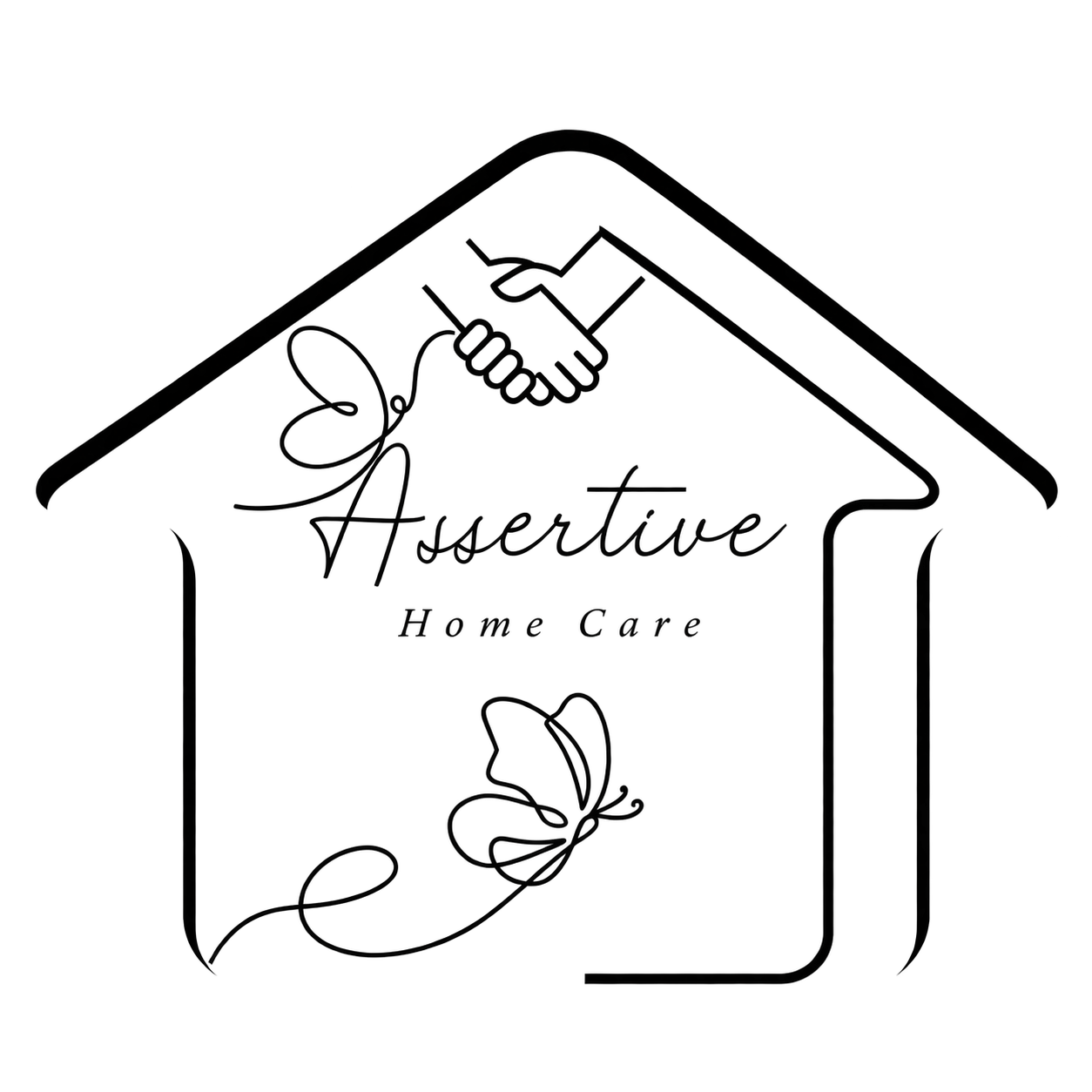 Assertive Home Care logo: a house, clasped hands, and butterflies