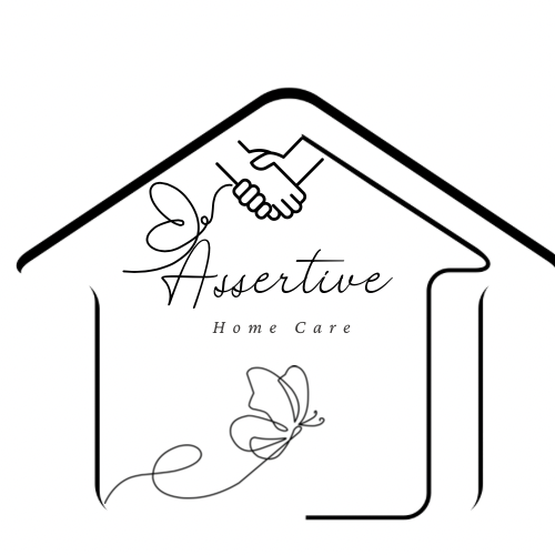 Assertive Home Care logo: a house, clasped hands, and butterflies